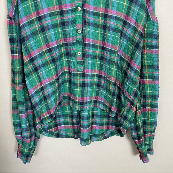 Anthropologie‎ Pilcro Cropped Puff-Sleeve Blouse Green Plaid Large Relaxed Fit - Picture 9 of 16